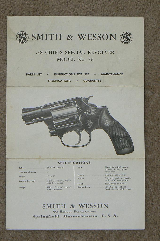 Smith & Wesson Model 36 Chiefs Revolver Use & Maintenance Manual .38 Parts 
